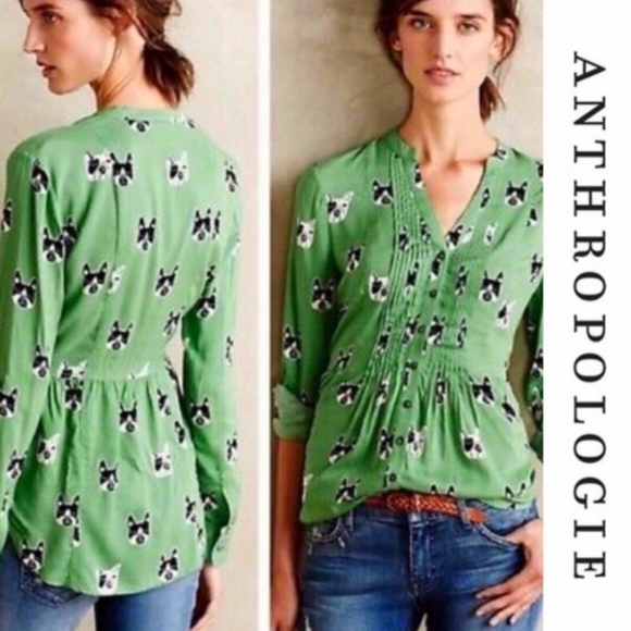 Maeve Anthropologie Green Dog Print Pintucked Button Down Peplum Blouse - Picture 2 of 15